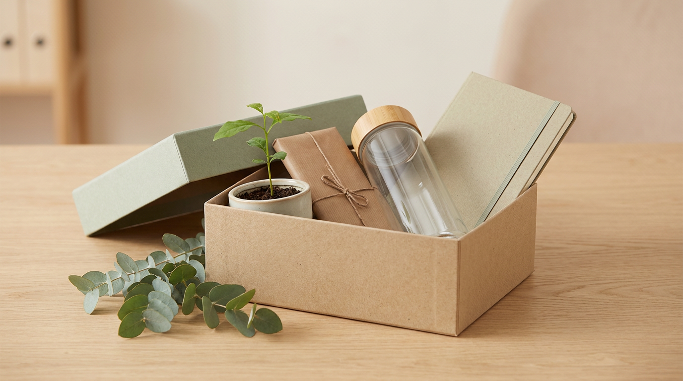 Sustainable corporate gift box with recycled kraft packaging and a seedling